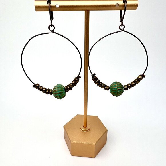 Antique Style Brass Beaded Hoop Earrings Pierced Ears - Picture 1 of 8